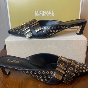 Michael Kors Studded Black Mules with Gold Accents and Buckle NIB Size 6.5